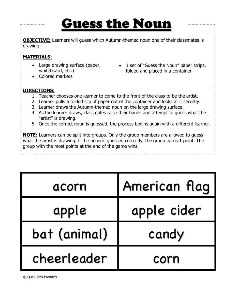 Guess the Noun game directions accompany eight noun slips: acorn, American flag, apple, apple cider, and four more.