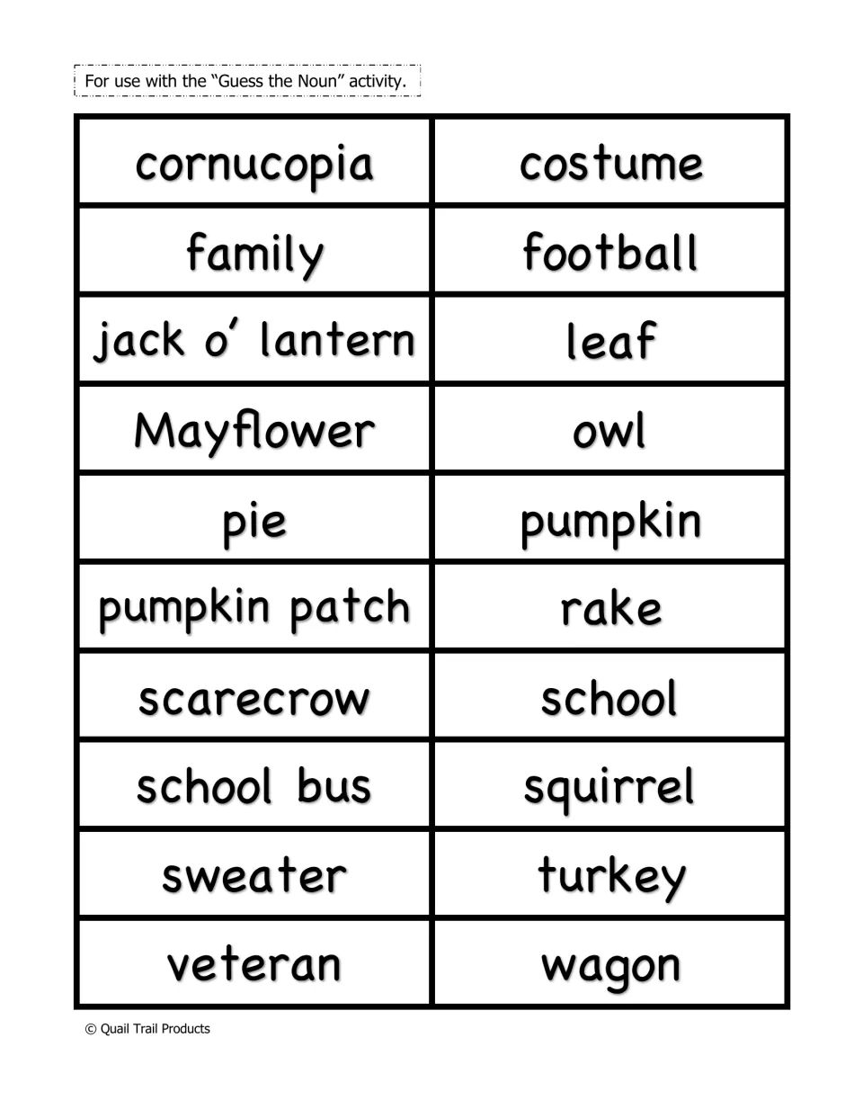 Guess the Noun game continues with 20 noun slips, including cornucopia, costume, family, football, and wagon.