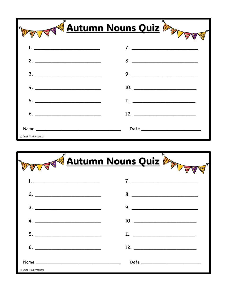Autumn Nouns Quiz response sheet provides spaces for answers 1–12, plus name and date, printed twice per page.