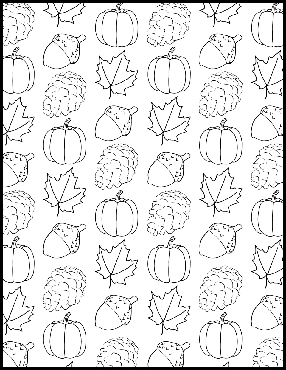 Fall pattern coloring page: students color repeating pumpkins, acorns, pinecones and maple leaves across the whole sheet