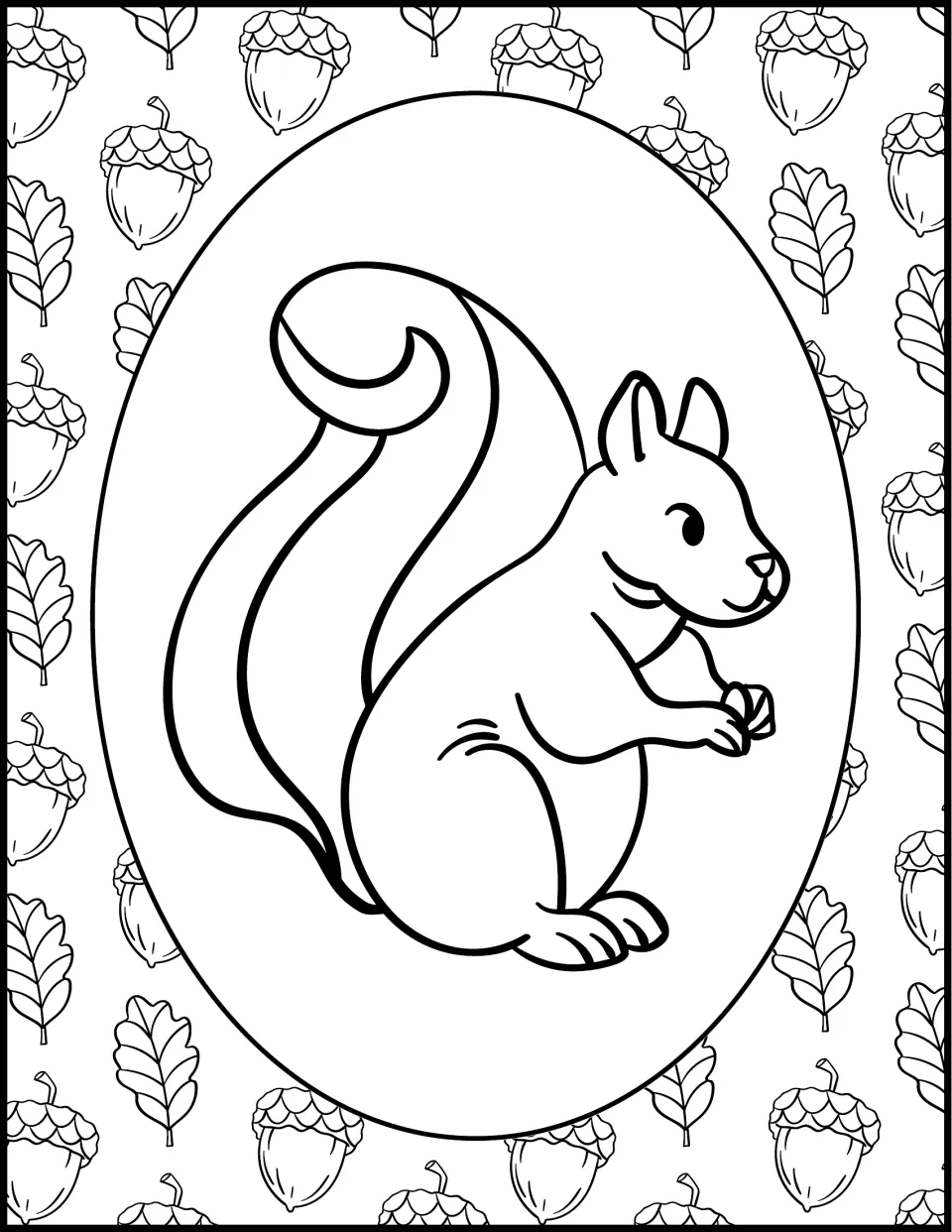 Squirrel coloring page: students color a smiling squirrel holding an acorn, with acorns and oak leaves repeating behind it