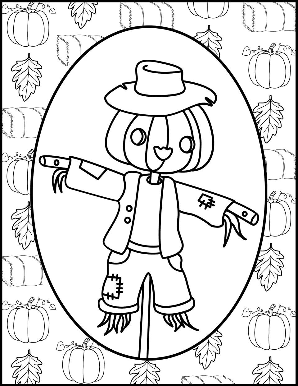 Scarecrow coloring page: students color a pumpkin-headed scarecrow in a hat and patched clothes among pumpkins and leaves