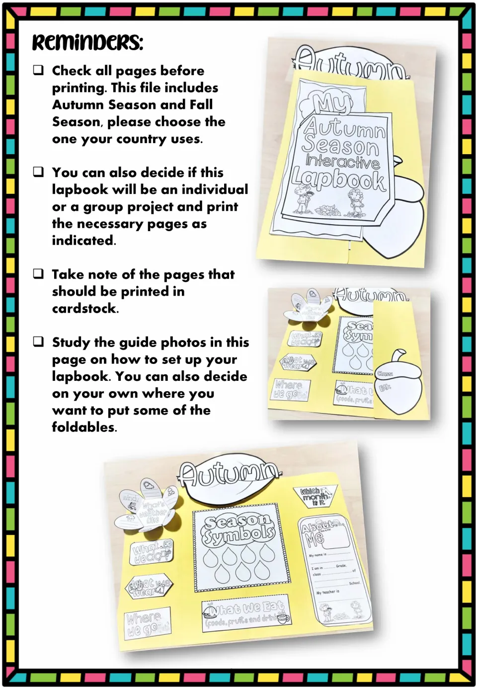 Lapbook setup reminders: choose Autumn or Fall, individual or group, cardstock pages, with photos of a finished lapbook
