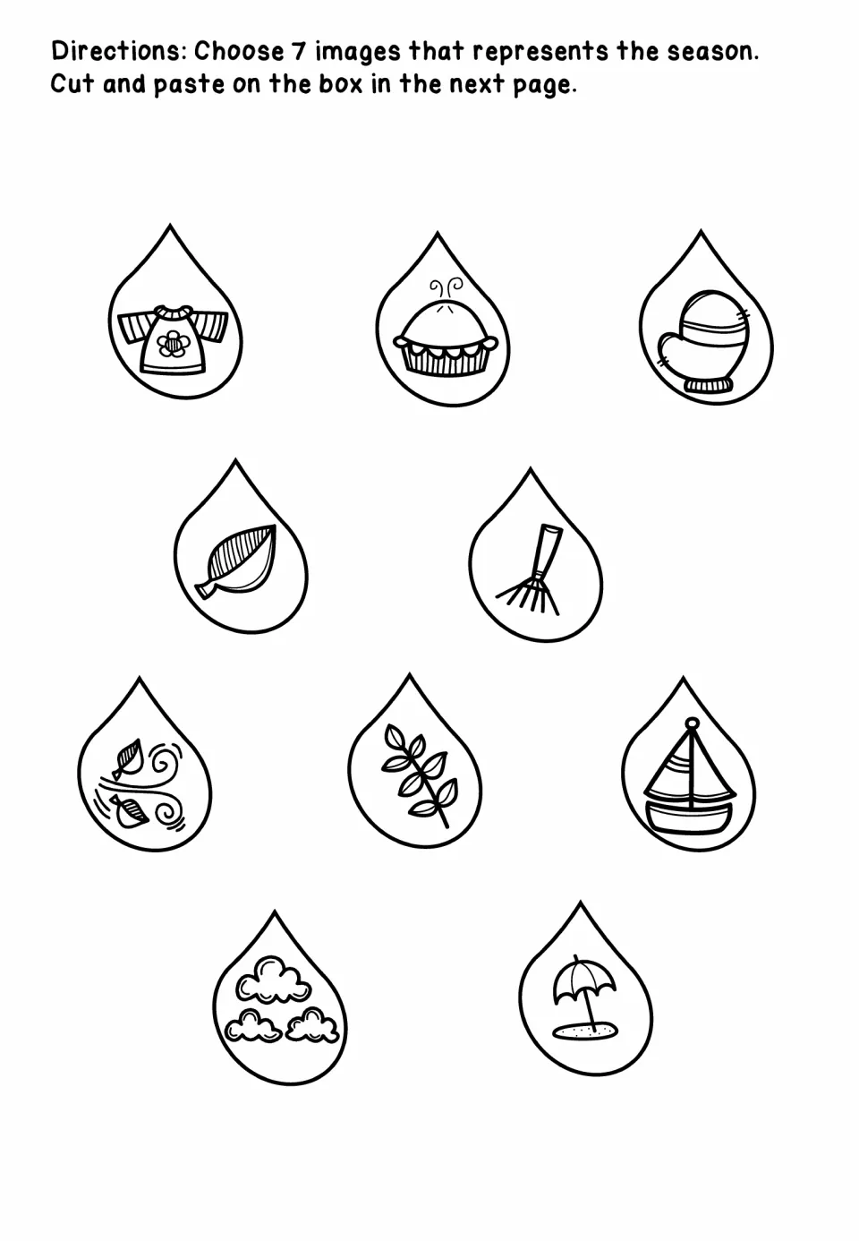 Season symbols sort: students choose 7 of 10 raindrop pictures, like sweater, pie, rake or sailboat, that show the season