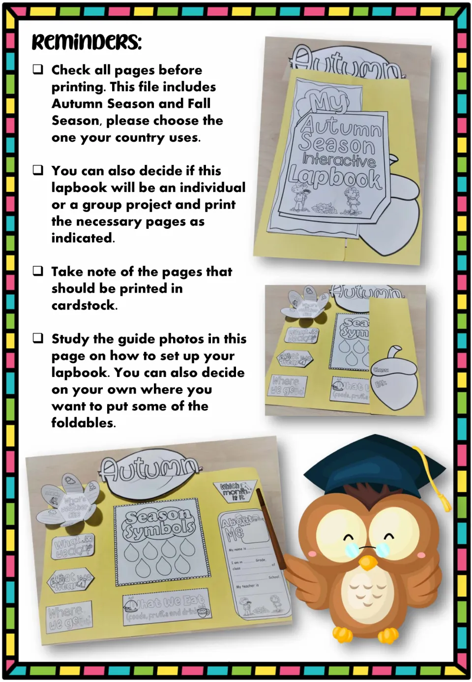 Lapbook reminders explain choosing Autumn or Fall pages, printing on cardstock, and using assembly photos.