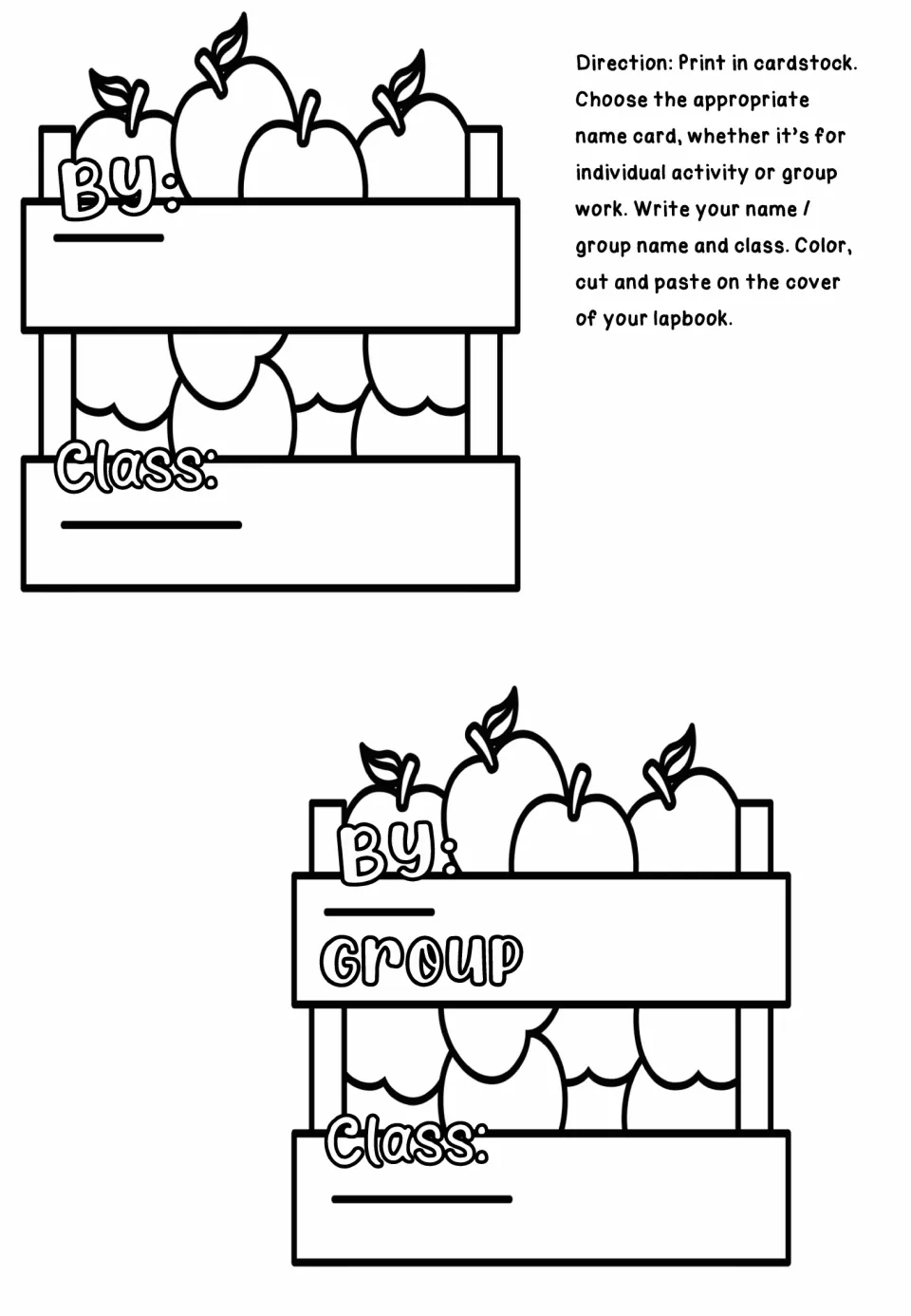Two lapbook name cards include individual and group options, each labeled “By” and “Class” for the cover.