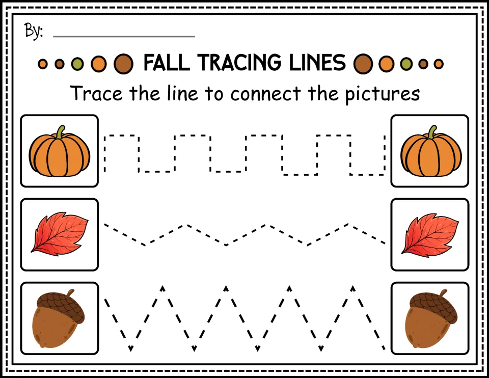 Color prewriting practice: trace stepped and zigzag paths to connect matching pumpkins, leaves, and acorns.