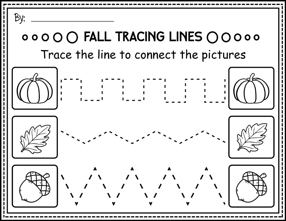 Black-and-white prewriting practice: connect pumpkins, leaves, and acorns along stepped and zigzag paths.