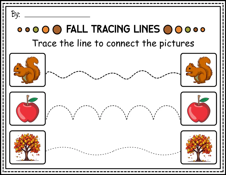 Color prewriting practice: trace wavy and arched paths to connect matching squirrels, apples, and trees.