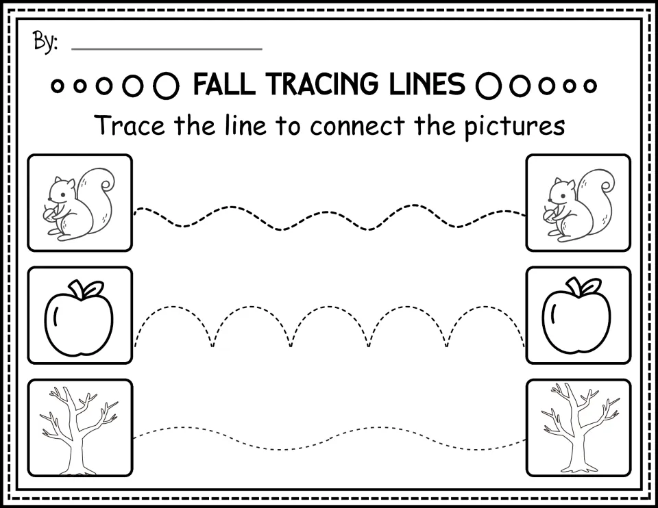 Black-and-white prewriting practice: connect squirrels, apples, and bare trees along wavy and arched paths.