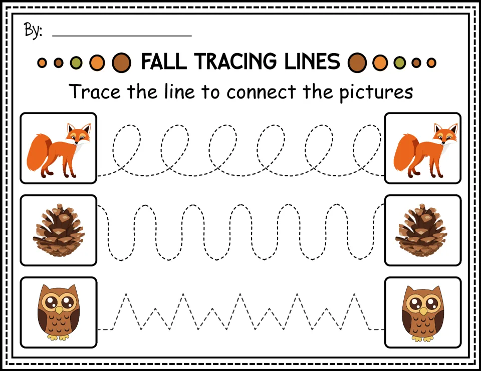Color prewriting practice: trace looping, curved, and zigzag paths to connect foxes, pinecones, and owls.