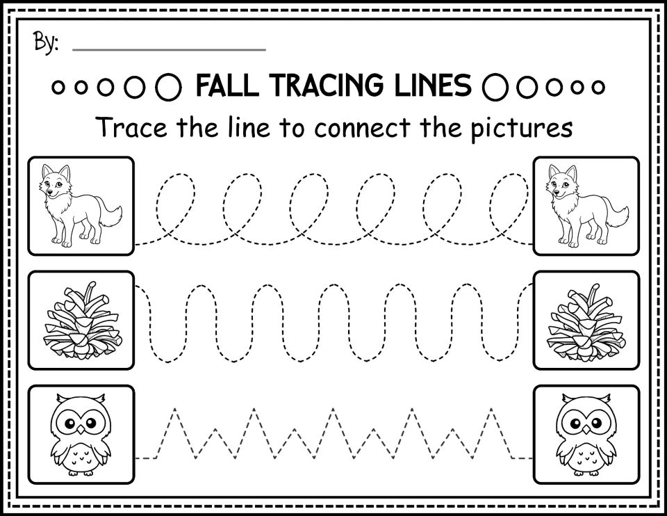 Black-and-white prewriting practice: connect foxes, pinecones, and owls along looping, curved, and zigzag paths.