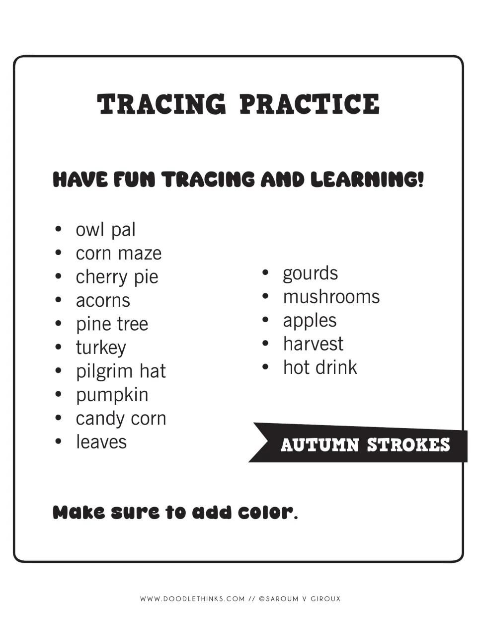 Tracing Practice, Autumn Strokes: list of 15 fall pictures to trace, from owl pal and corn maze to apples and hot drink
