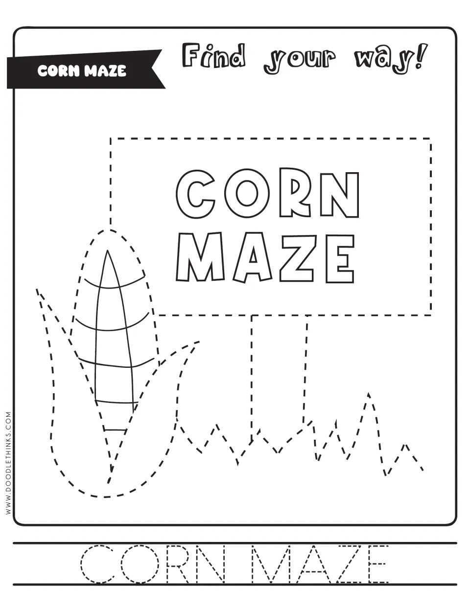 Corn maze: students trace an ear of corn, a CORN MAZE sign on posts and grass, then trace the words CORN MAZE and color