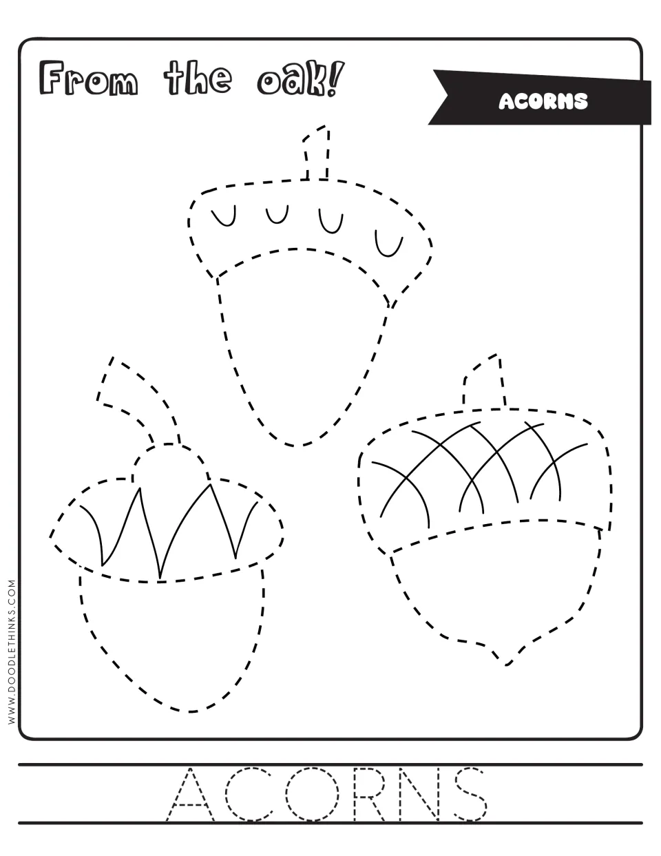 Acorns: students trace three acorns with patterned caps along dashed outlines, then trace the word ACORNS and add color