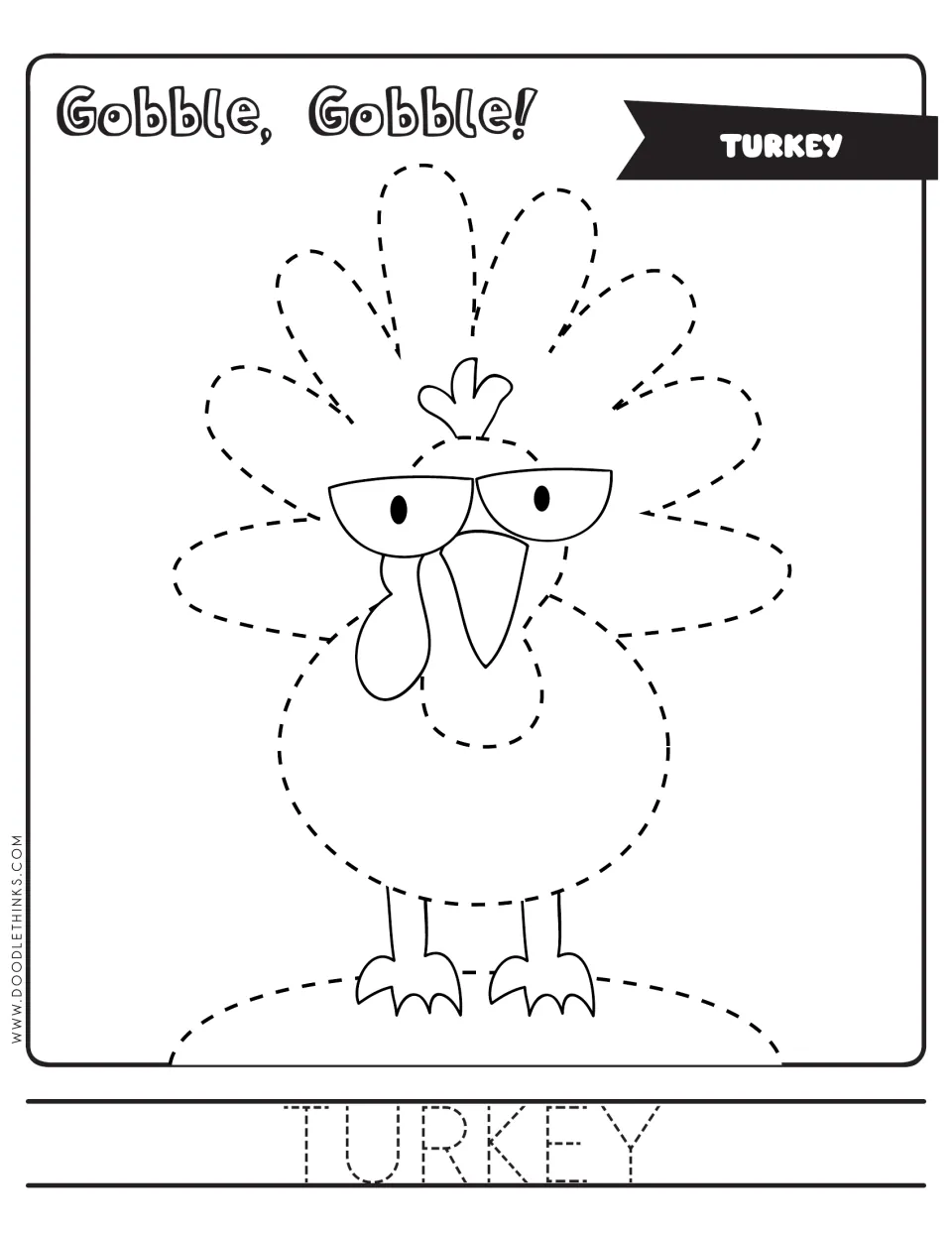 Turkey: students trace the dashed tail feathers and body of a cartoon turkey, then trace the word TURKEY and color it in