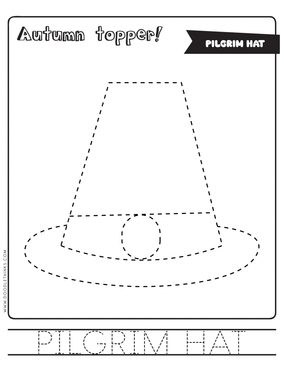 Pilgrim hat: students trace a tall hat with a wide brim and buckle along dashed lines, then trace PILGRIM HAT and color