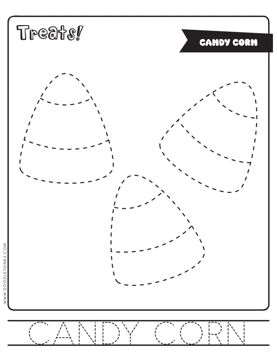 Candy corn: students trace three striped candy corn pieces along dashed outlines, then trace CANDY CORN and color them