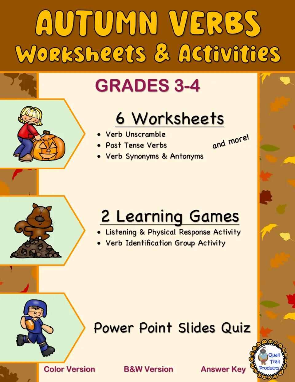 Cover of AUTUMN VERBS Worksheets and Activities for grades 3–4: six worksheets, two games, and a slide quiz