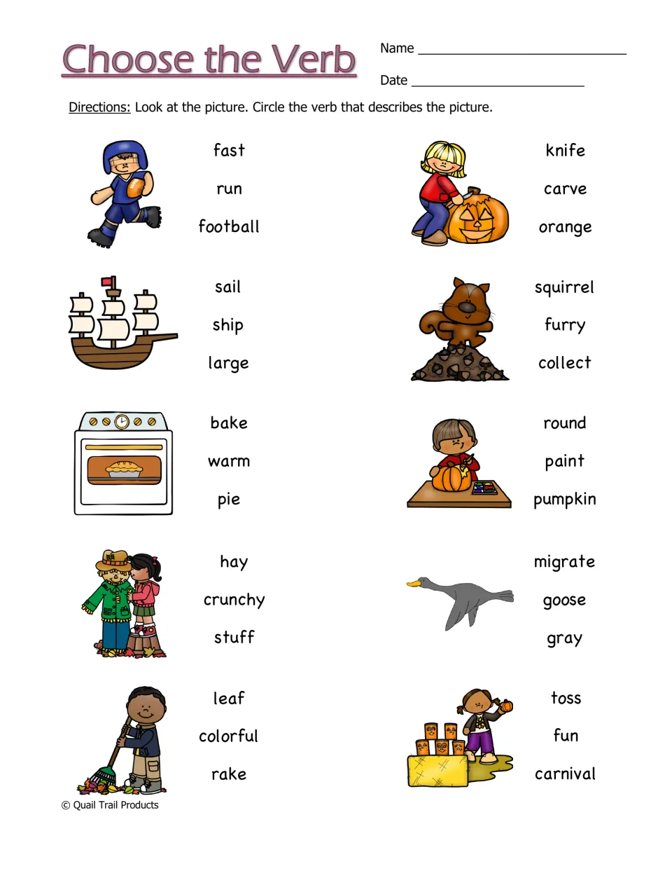 Choose the Verb worksheet asks students to circle actions matching 10 pictures, including run, carve, and rake