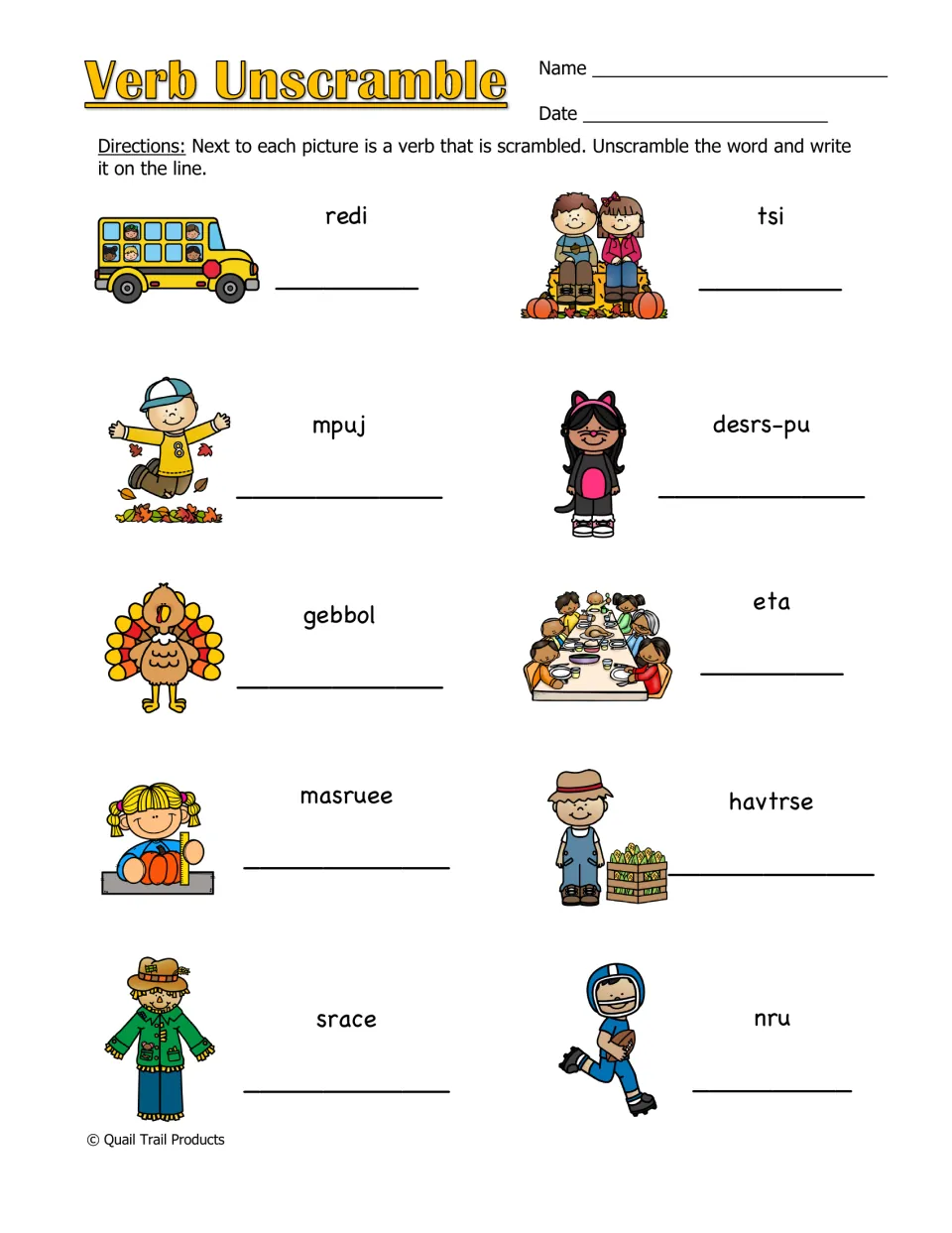 Verb Unscramble worksheet asks students to solve 10 pictured action words, including ride, jump, and harvest