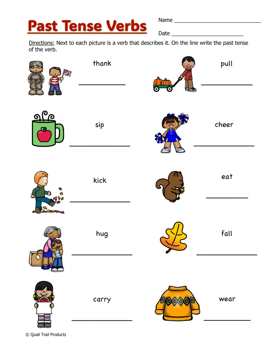 Past Tense Verbs worksheet asks students to change 10 verbs, including thank, sip, eat, fall, and wear