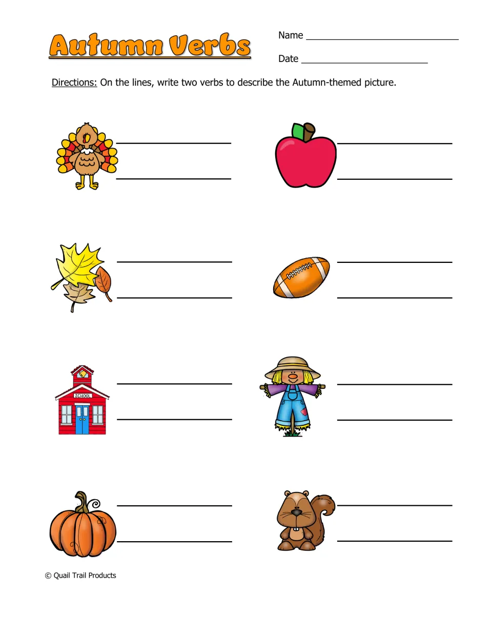 Autumn Verbs worksheet asks for two verbs for each of eight pictures, including a turkey, apple, and pumpkin