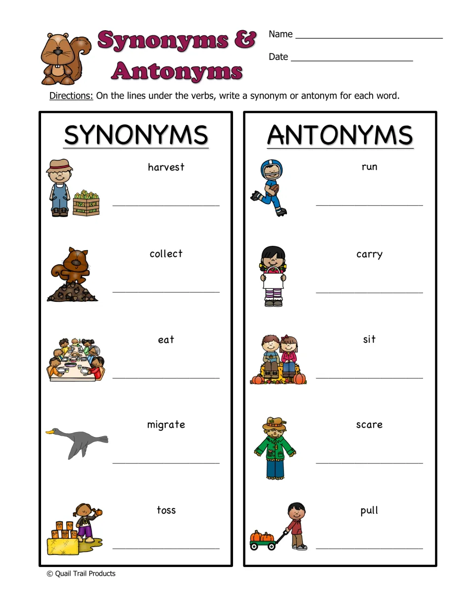 Synonyms & Antonyms worksheet asks for five verb synonyms and five antonyms, using harvest, run, and more