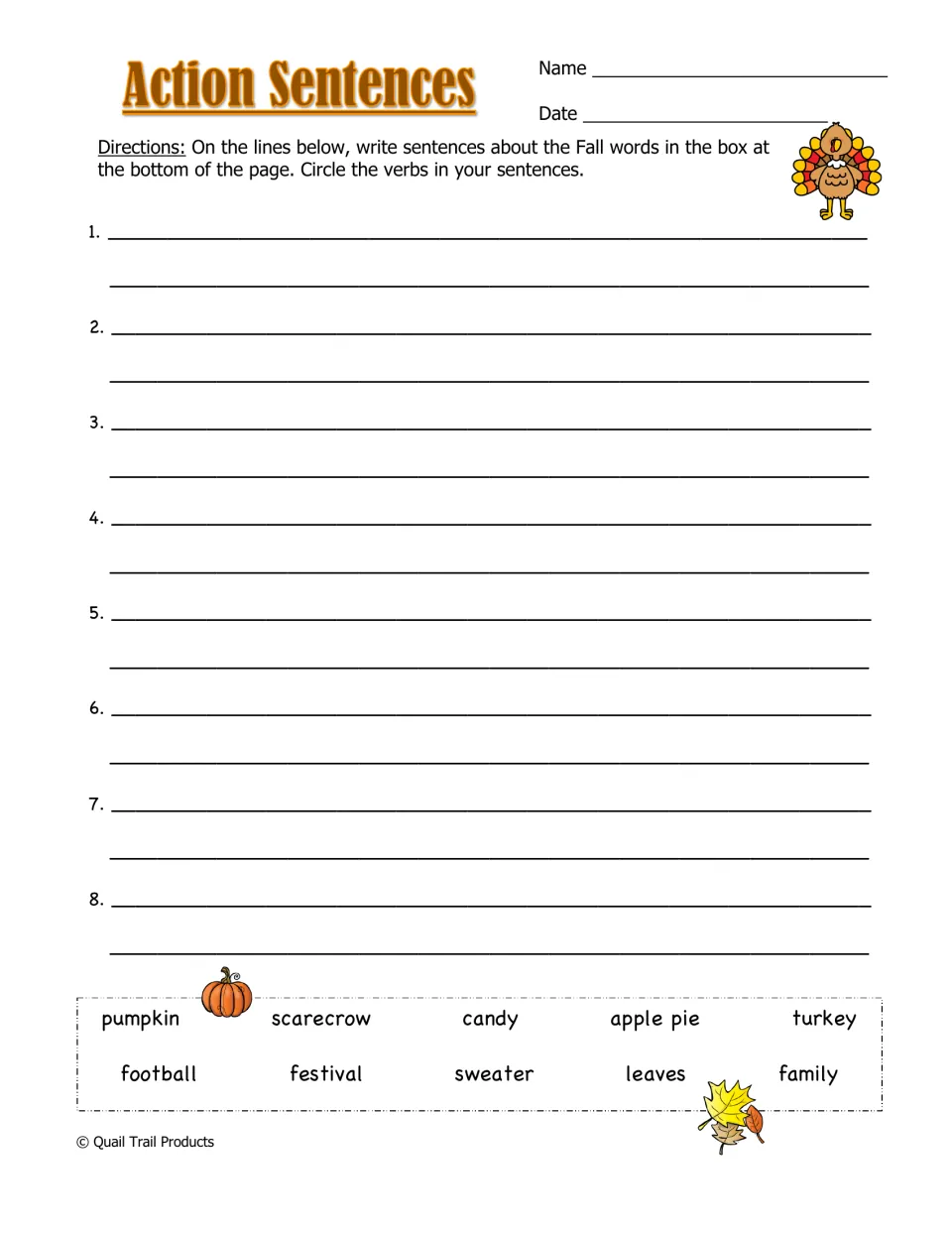 Action Sentences worksheet asks for eight sentences using fall words such as pumpkin, then circling verbs