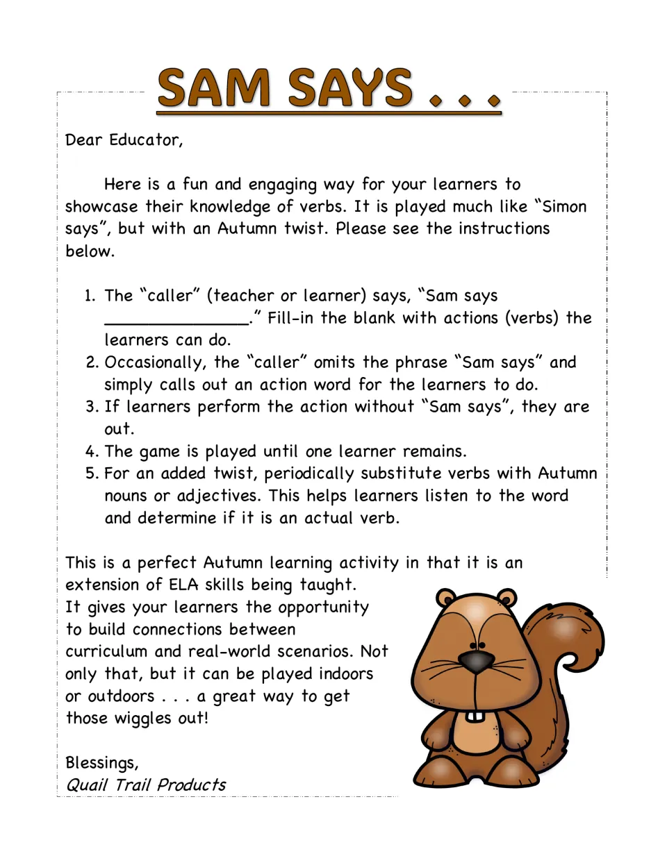 Sam Says game directions explain acting out verbs on cue and adding autumn nouns or adjectives to test listening