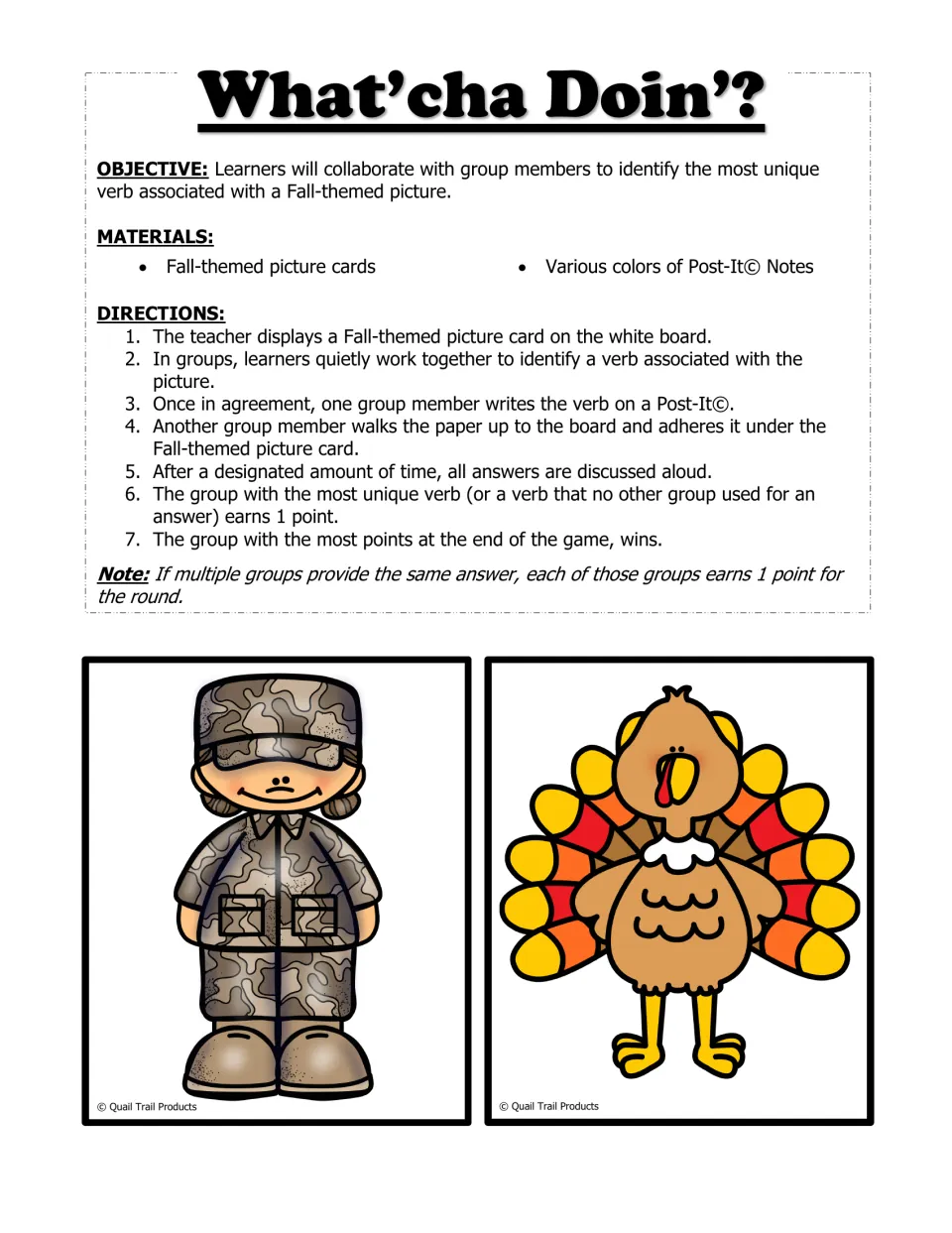 What’cha Doin’? game directions ask groups to suggest verbs for fall pictures; soldier and turkey cards follow