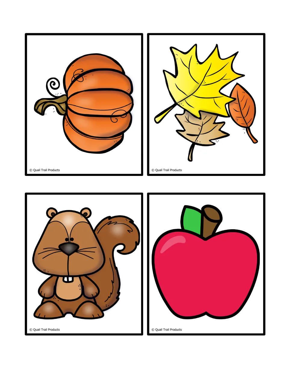 Four more picture cards for the What’cha Doin’? verb identification game: pumpkin, leaves, squirrel, and apple