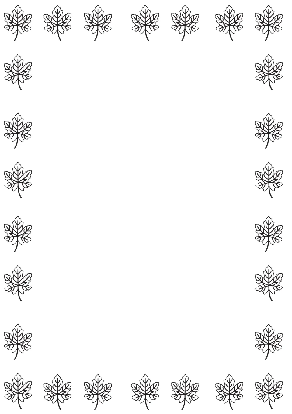 Outline maple leaf writing paper in black and white, with leaves to color around a blank center for writing or drawing