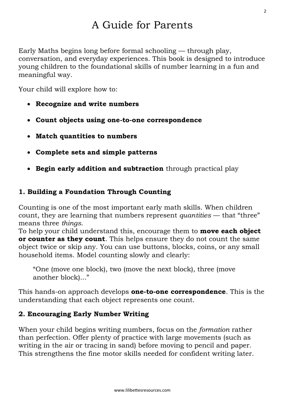 A Guide for Parents: counting with one-to-one correspondence, matching quantities and early number writing tips