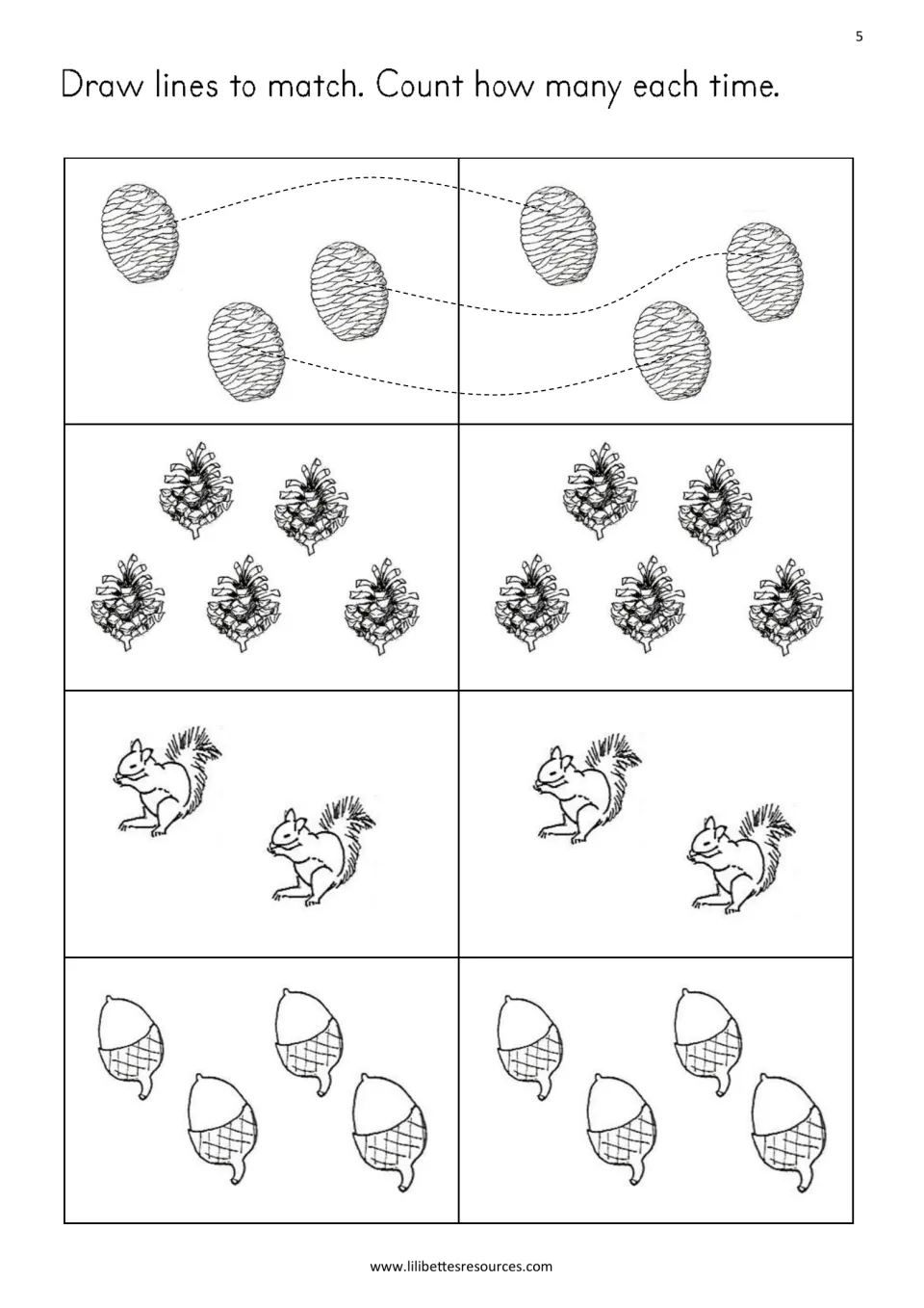 One-to-one matching: students draw lines between identical sets of fir cones, pine cones, squirrels and acorns, then count