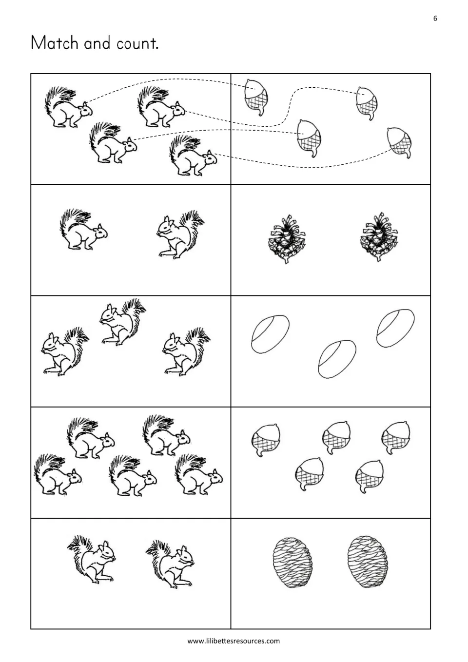 Match and count: students draw lines pairing each squirrel with an acorn, nut or cone in sets of 2 to 5