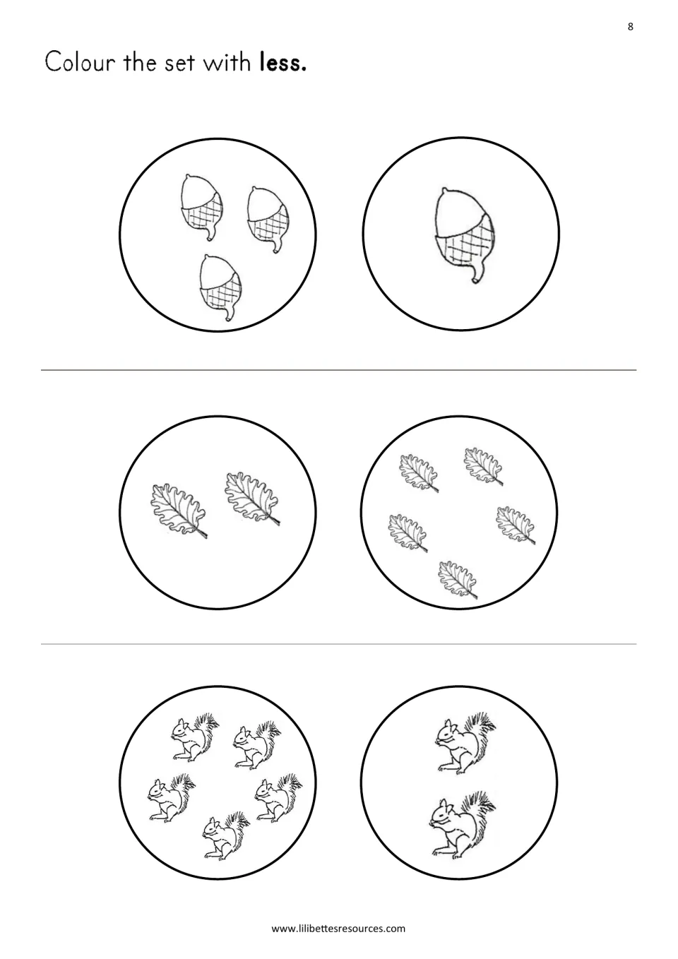 Colour the set with less: students compare pairs of acorn, oak leaf and squirrel sets and colour the smaller one