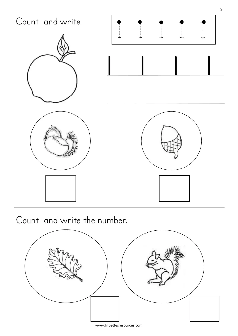Number 1: students trace and write 1, then count one apple, conker, acorn, leaf and squirrel and write the number