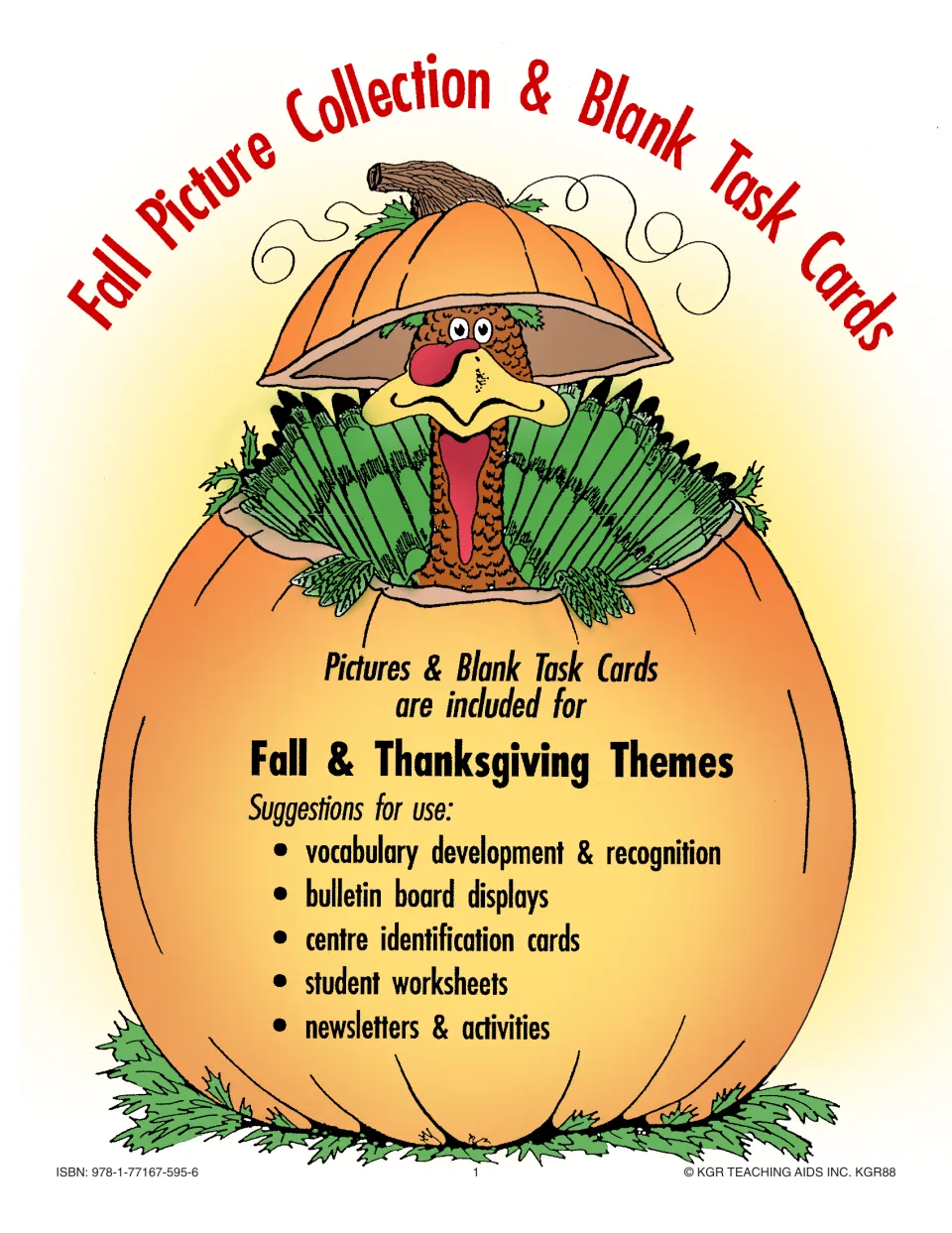 Cover of the fall picture and blank task card collection, listing vocabulary, display, and worksheet uses