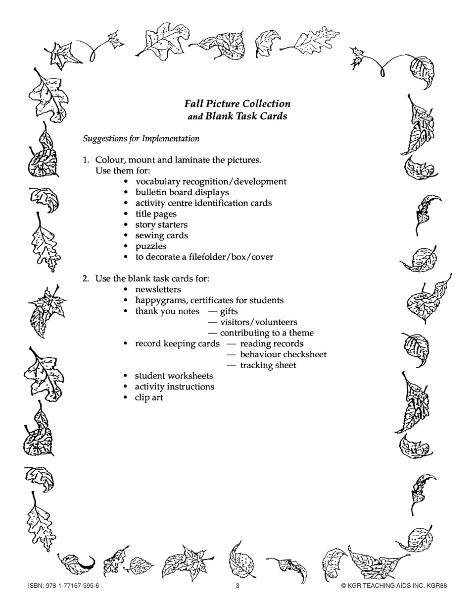 Implementation suggestions for fall pictures and blank task cards, including displays and newsletters