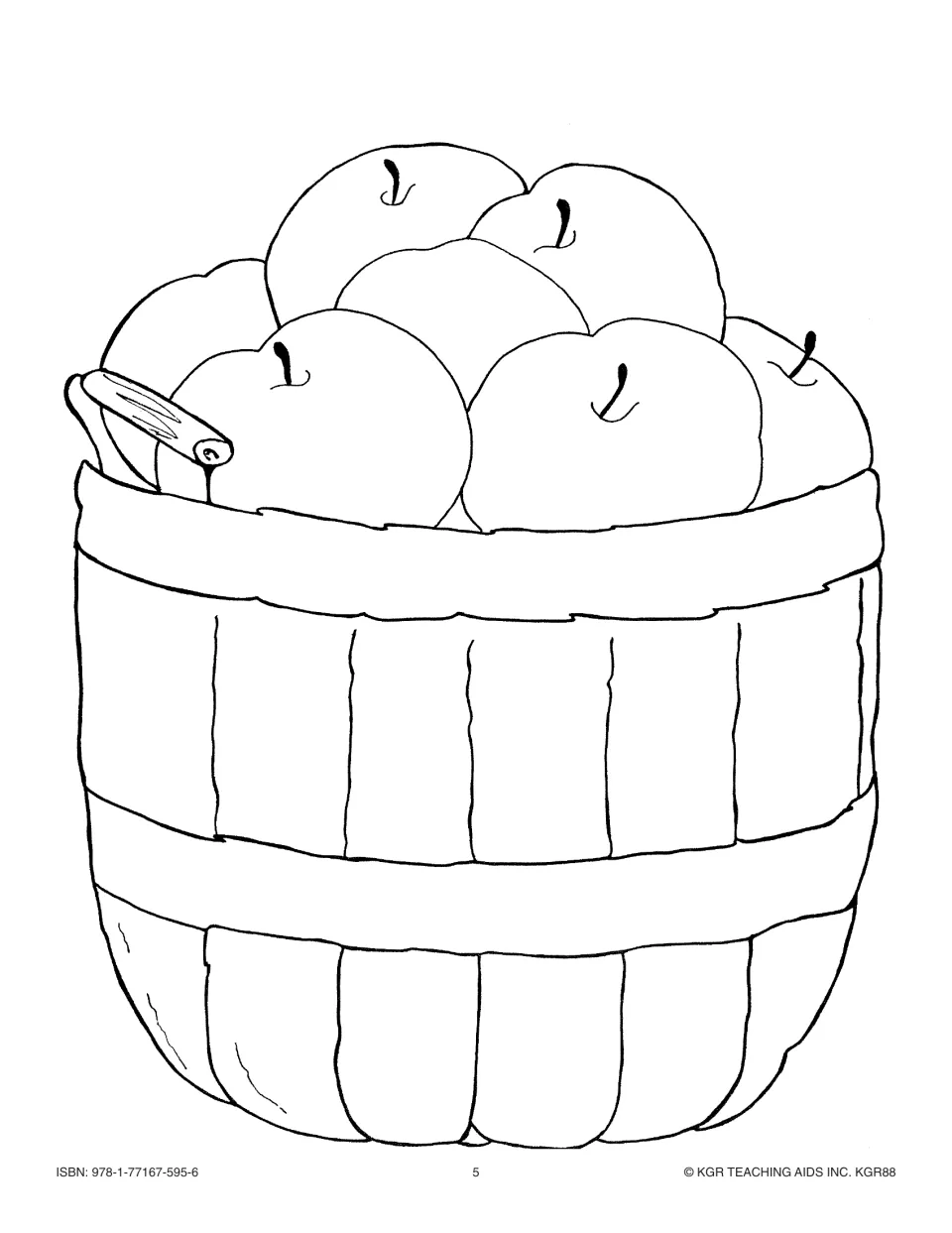 Fall picture collection coloring page showing a wooden bushel basket full of apples for classroom displays