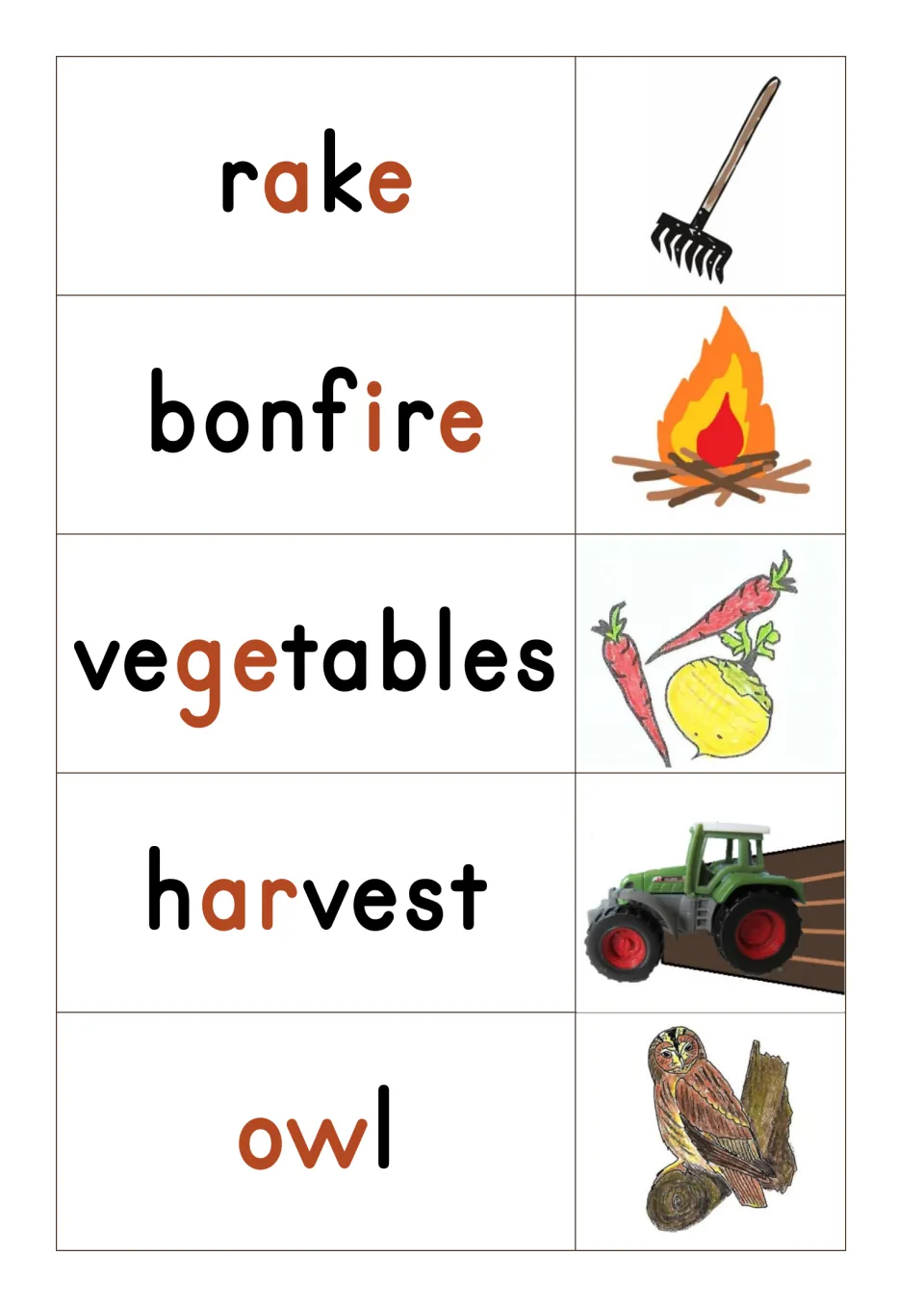 Autumn word cards: rake, bonfire, vegetables, harvest and owl with pictures, colored to show sounds like ar and ow