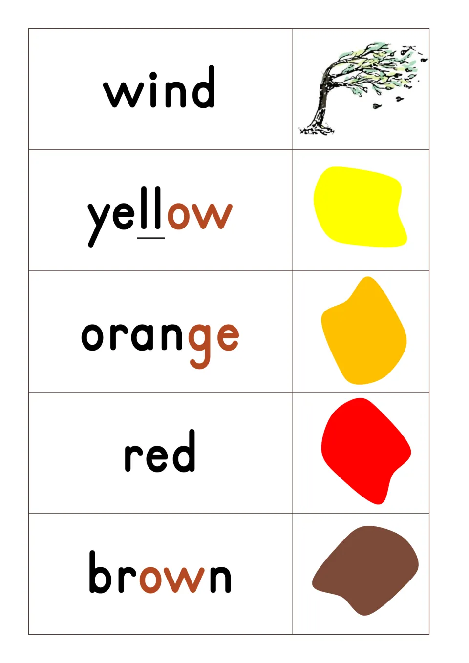 Autumn wind and color word cards: wind with a blowing tree, plus yellow, orange, red and brown with matching color patches