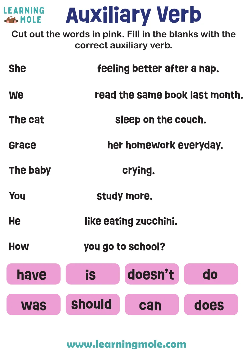 Auxiliary verbs cut and paste: students cut out 8 pink word cards like is, can and does to fill gaps in 8 sentences