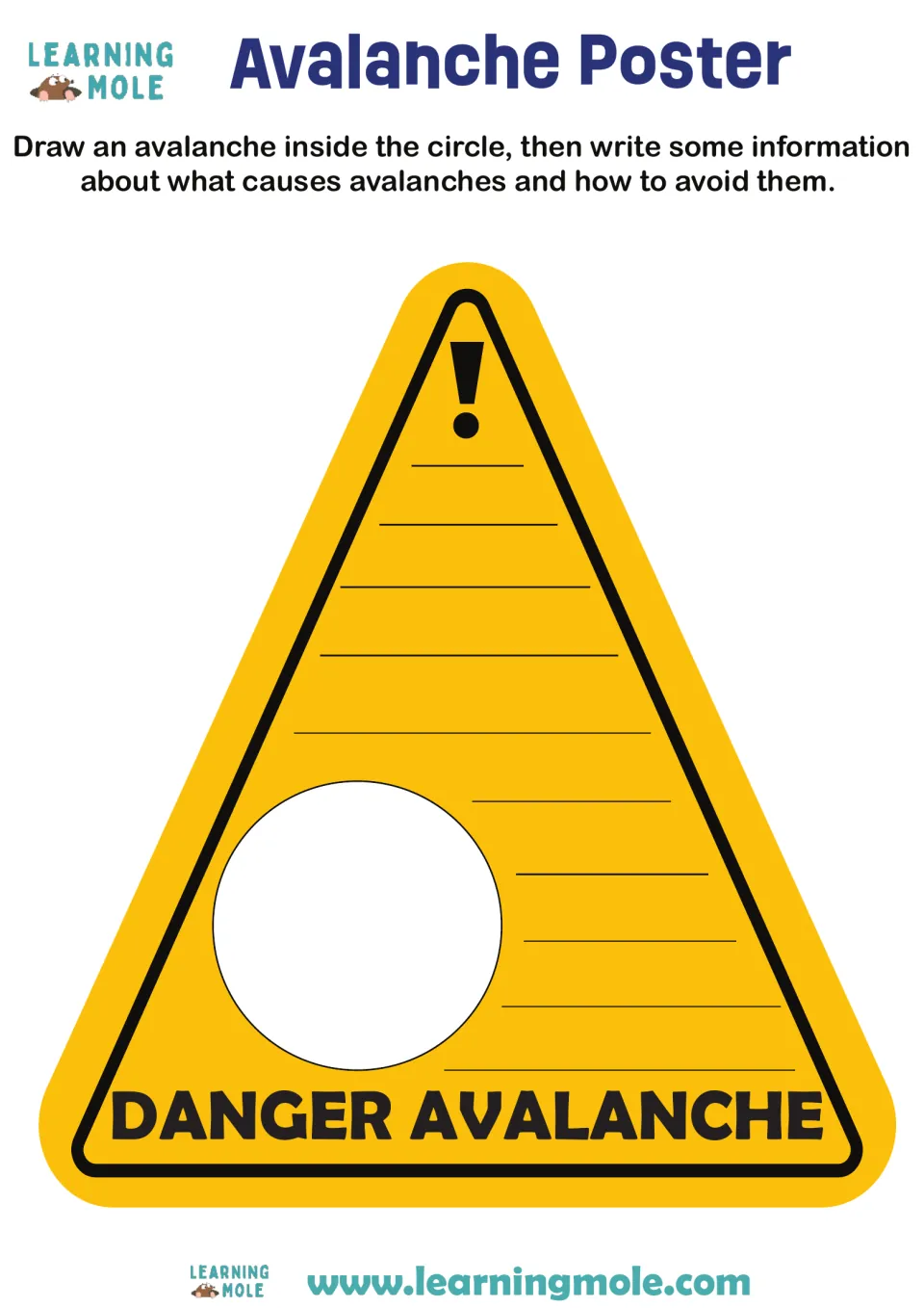 Avalanche Poster: students draw an avalanche on a Danger Avalanche sign and write its causes and how to avoid one