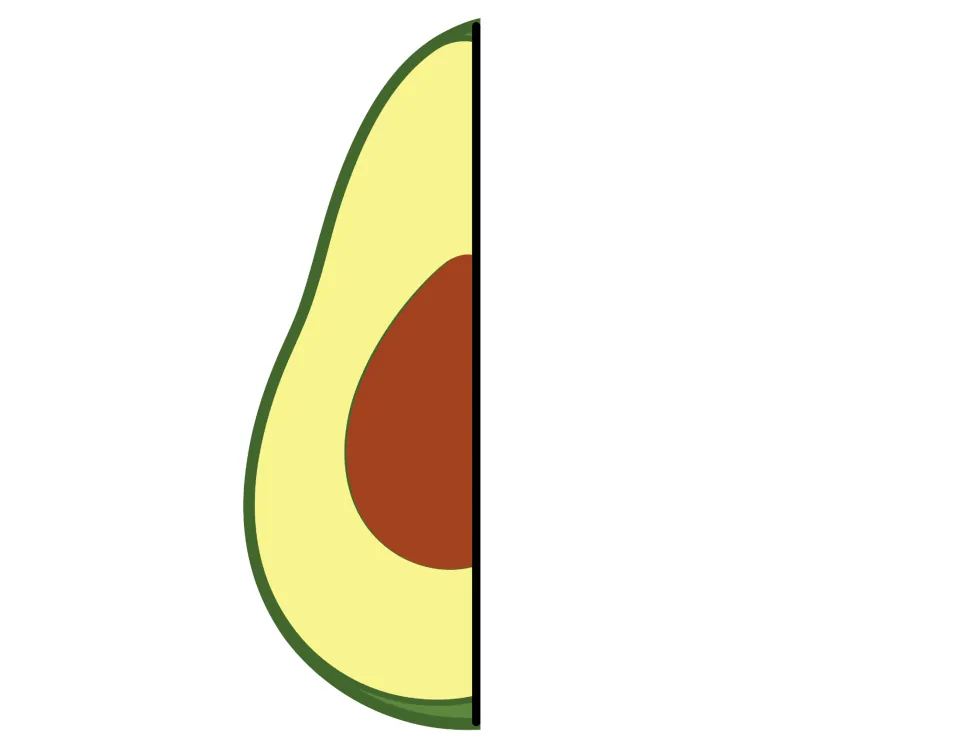 Colored avocado half facing the other way, with green skin, yellow flesh and brown pit, a matching cut-out piece