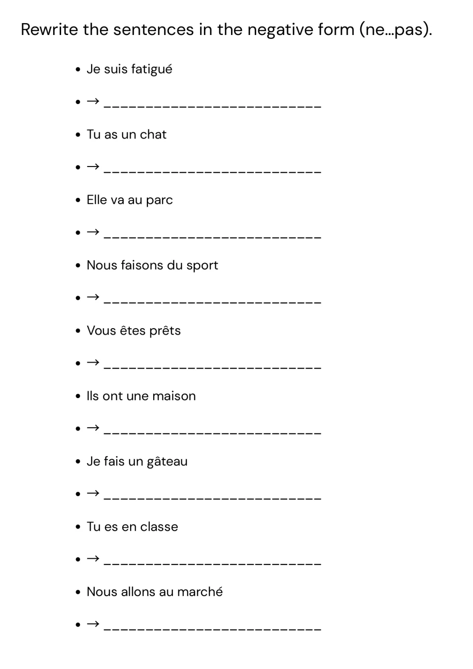 Negation with ne…pas: students rewrite 9 sentences such as Je suis fatigué and Tu as un chat in the negative form
