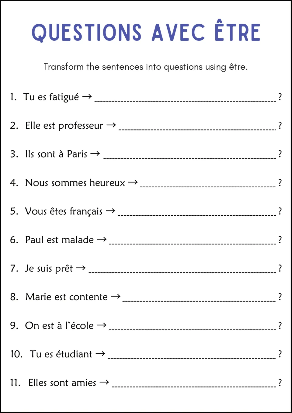 Questions avec être: students rewrite 11 statements such as Tu es fatigué and Ils sont à Paris in interrogative form