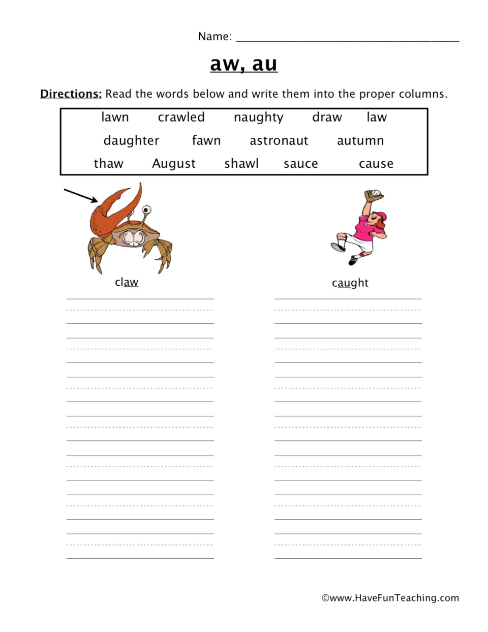 aw and au word sort: students read 15 words such as lawn, autumn and sauce and write each under claw or caught