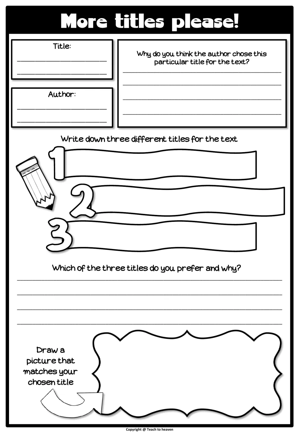More titles please!: students explain the author's title choice, write three new titles, pick one and illustrate it